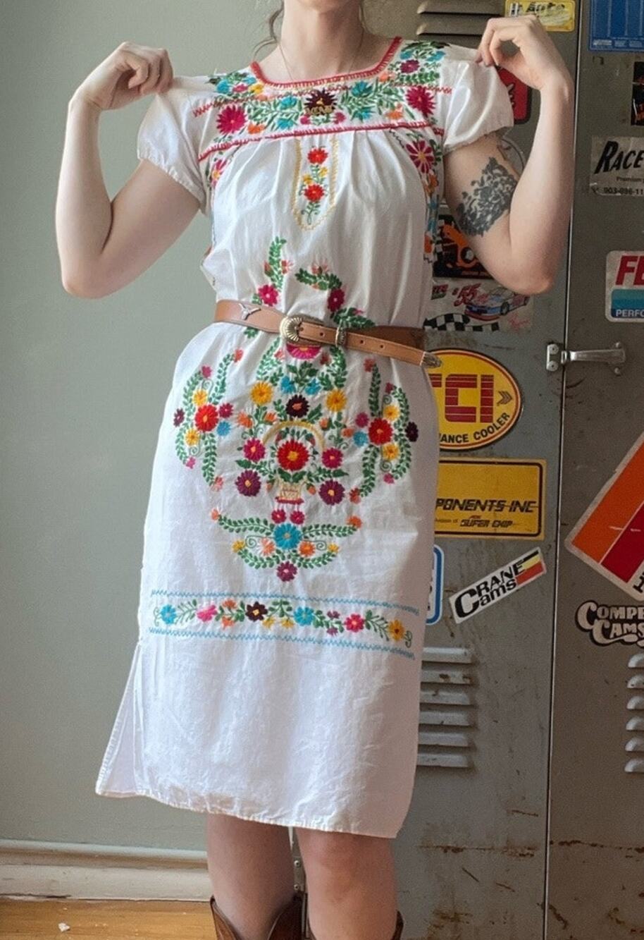 Vintage 70s Mexican Embroidered Folk Dress | Oaxaca Cotton Floral | Size S/M